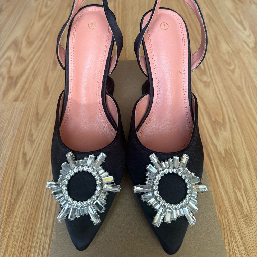 Slingback pumps with triangle heel and crystal embellishment